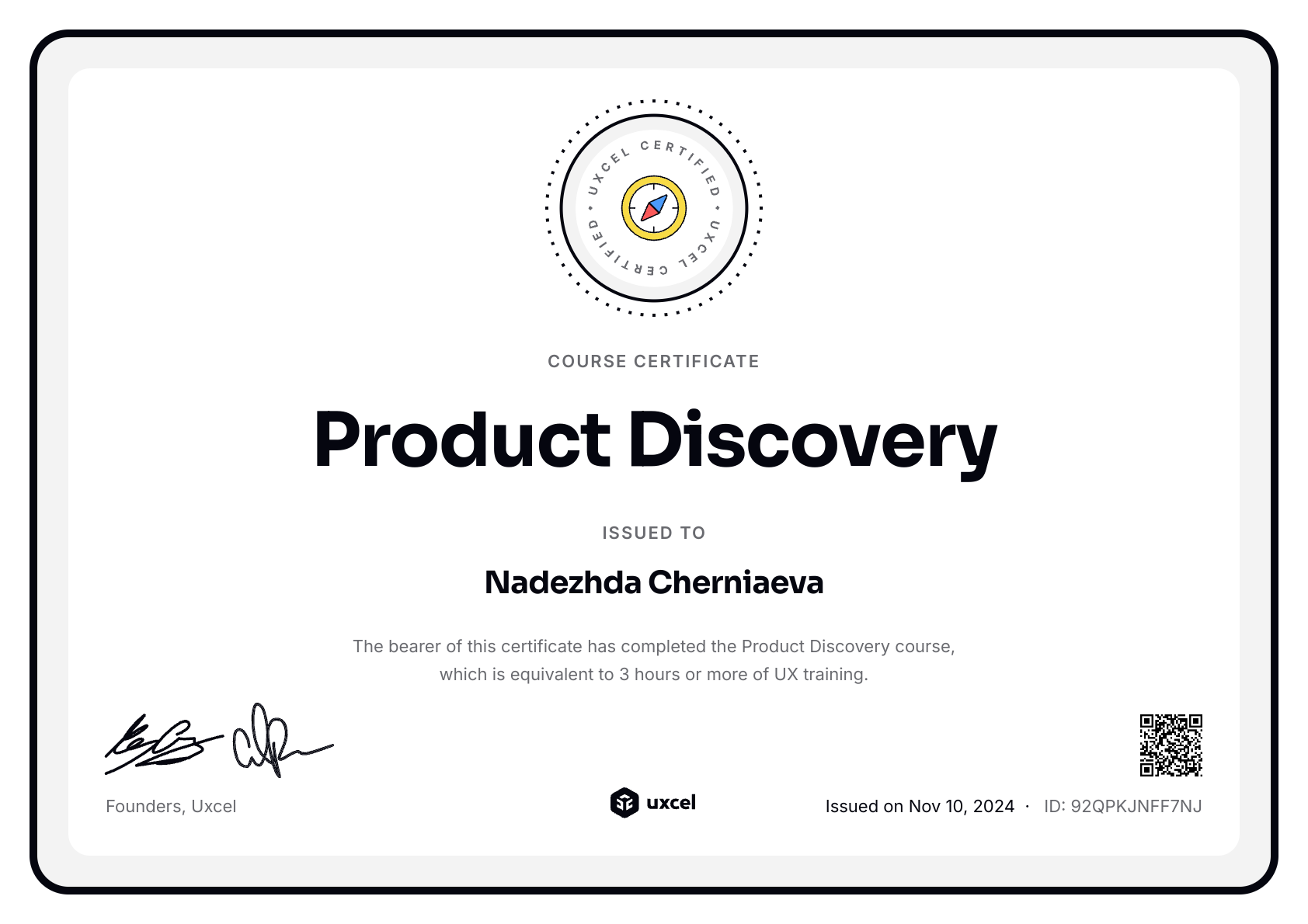 Nadezhda Cherniaeva's certificate